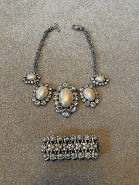 Statement Pearl and Crystal Silver-Tone Necklace and Bracelet Set